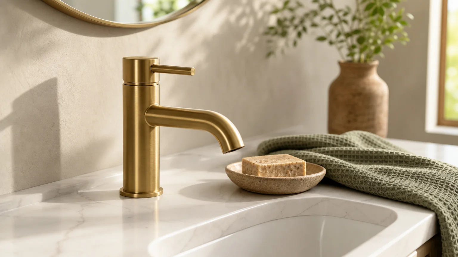 Close-up of a modern brushed brass faucet on a white quartz vanity with a sage green towel, styled with warm morning light.