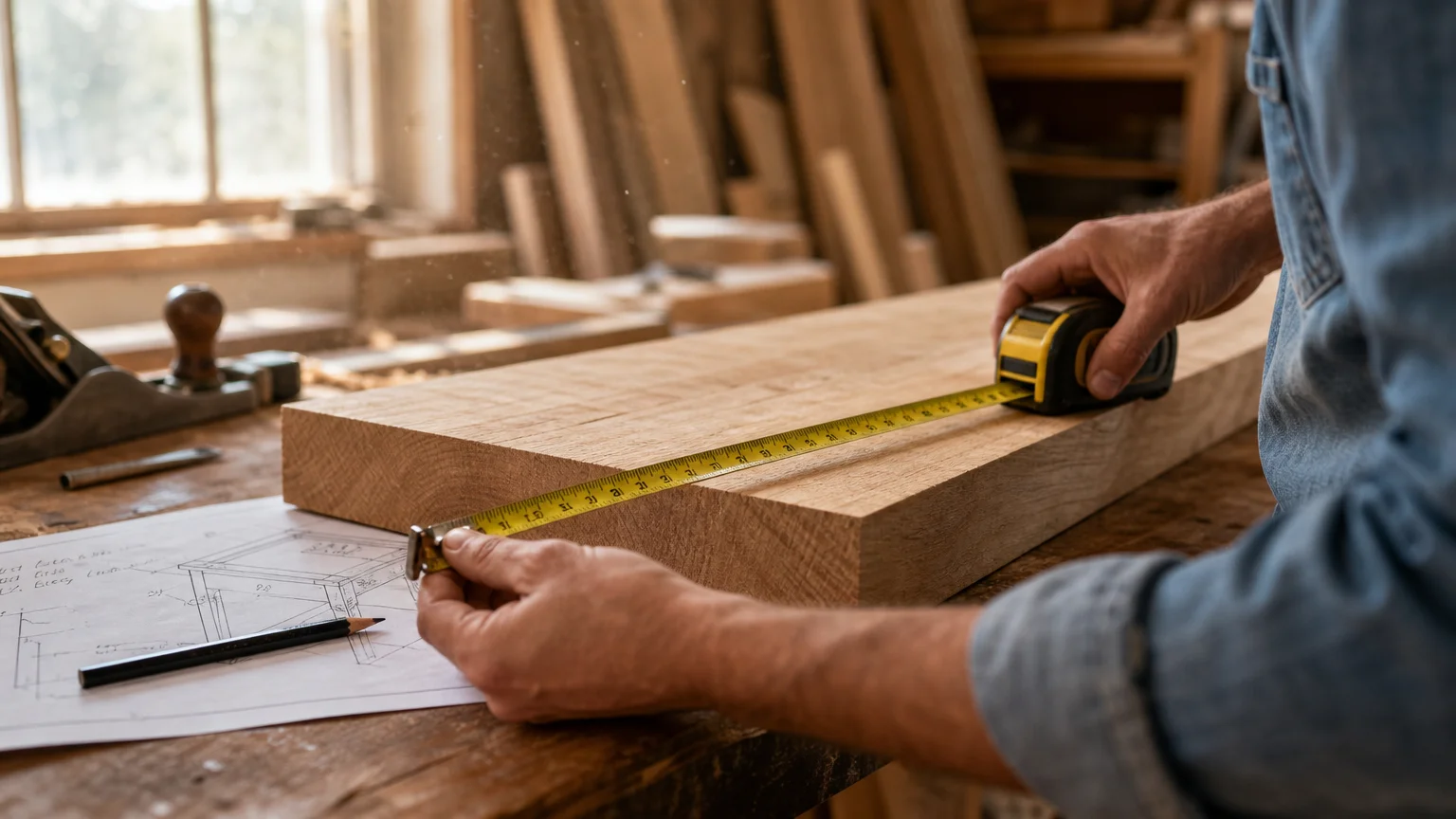 Close-up of a person's hands extending a yellow measuring tape across a clean oak board on a sunlit workshop table.