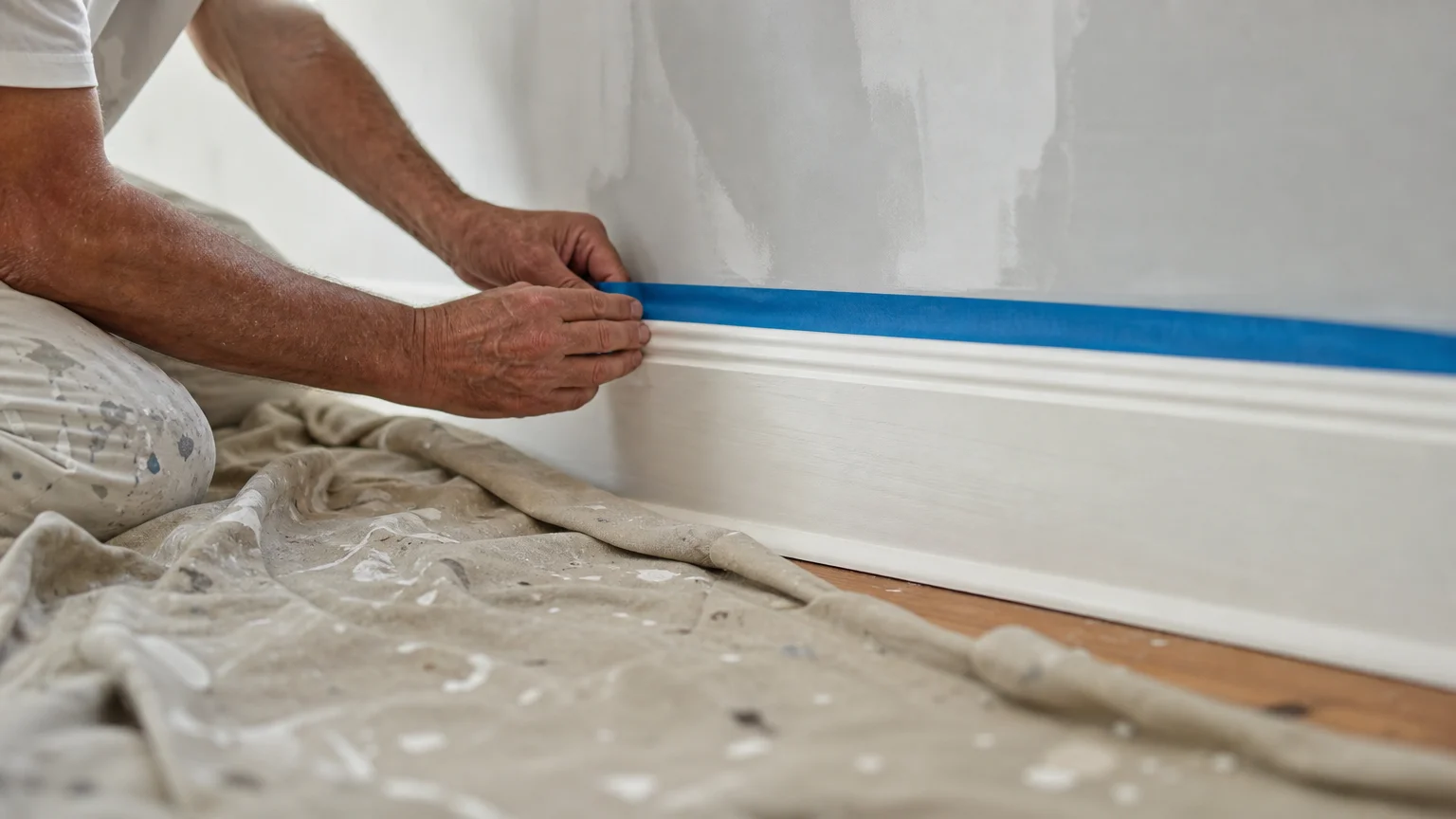 Close-up photo of hands applying blue painter's tape to a white baseboard, with canvas drop cloth on the floor.