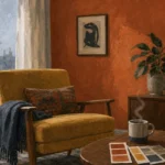 Gouache illustration of a cozy north-facing room corner with a warm terracotta wall contrasting with cool indirect window light.