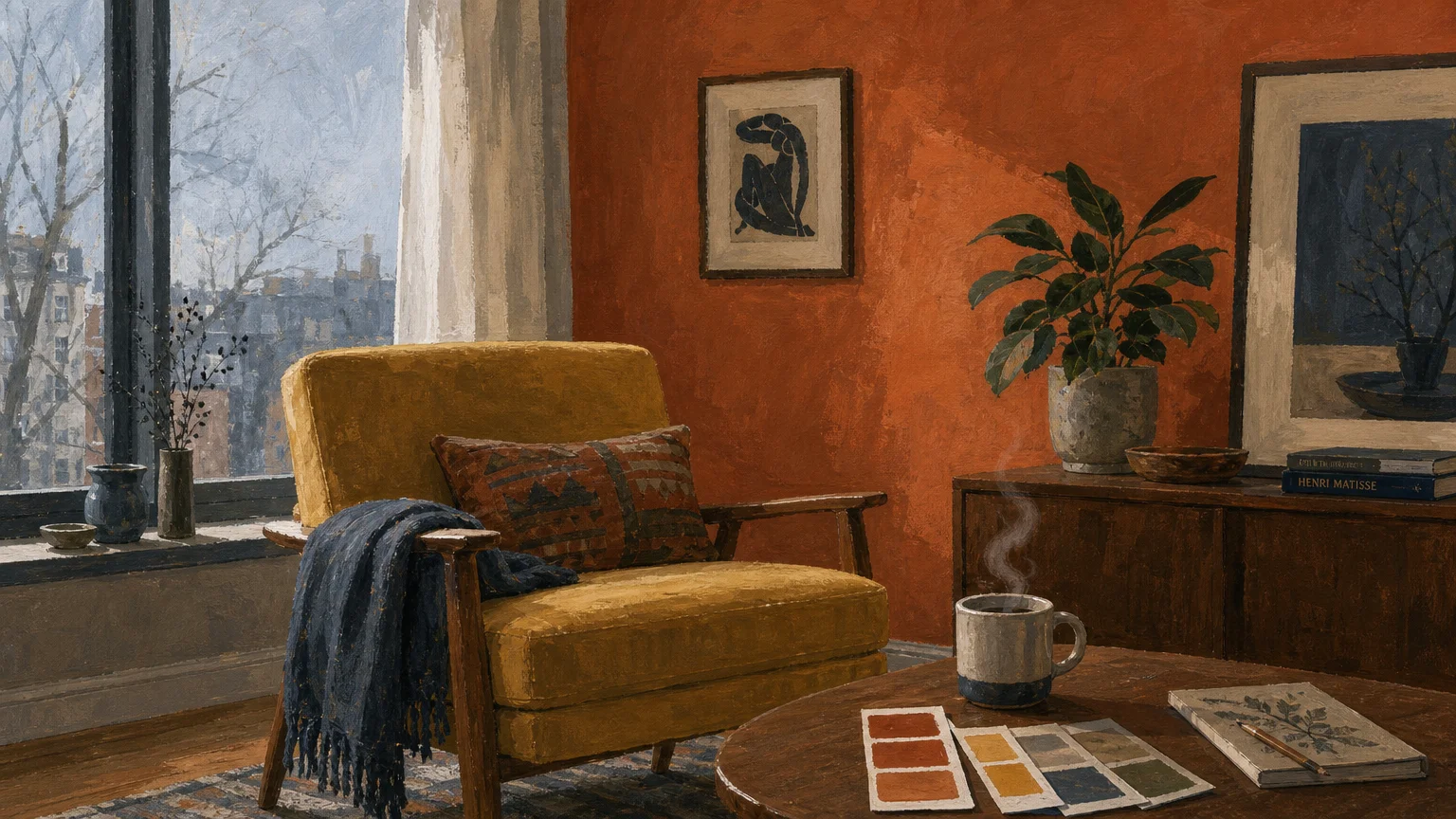 Gouache illustration of a cozy north-facing room corner with a warm terracotta wall contrasting with cool indirect window light.