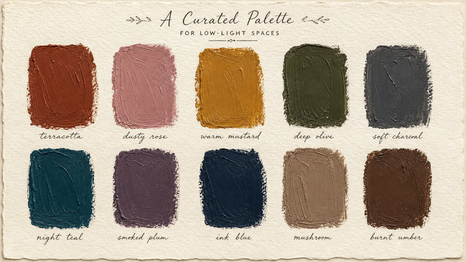 Gouache painting of ten distinct color swatches with visible paint texture on watercolor paper.