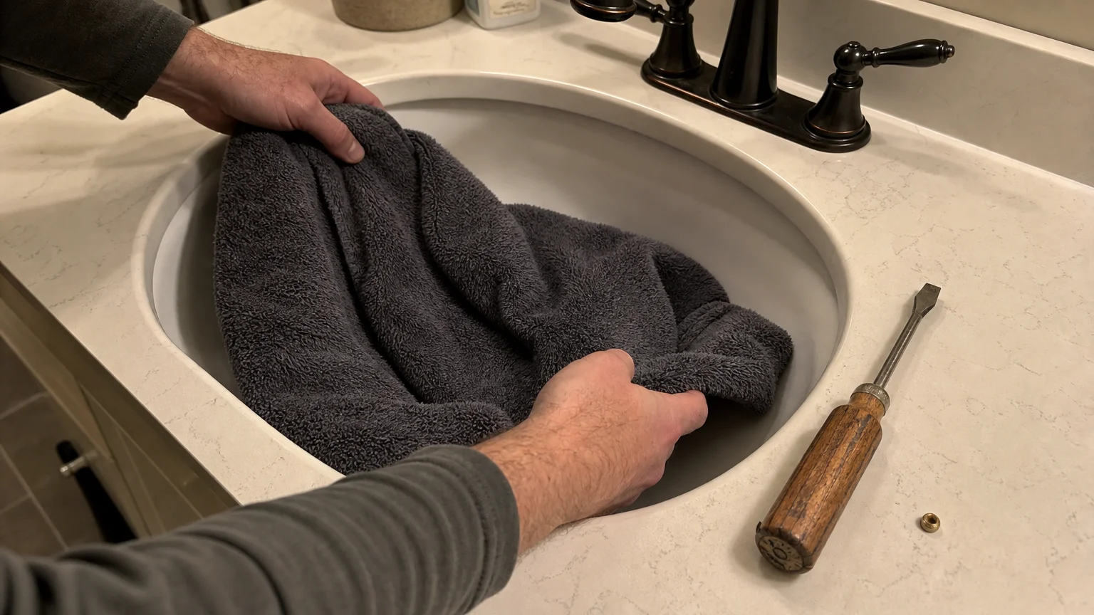 Hands placing a grey towel over a bathroom sink drain to protect it, with a screwdriver nearby during preparation.