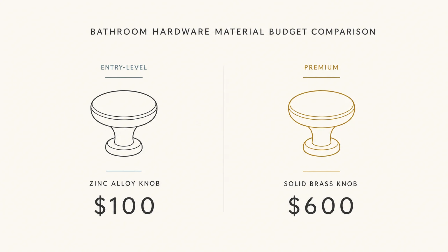 Minimalist budget comparison diagram showing a zinc alloy knob at one hundred dollars versus a solid brass knob at six hundred dollars.