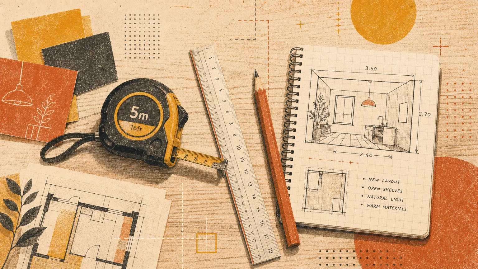 Stylized risograph illustration of a tape measure, pencil, and grid sketchbook arranged on a workbench in a warm color palette.