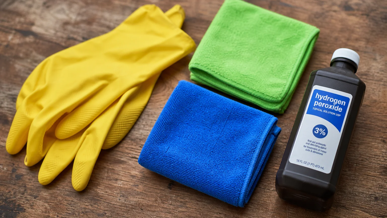 Yellow rubber gloves, a blue microfiber cloth, and a green microfiber cloth are arranged next to a bottle of peroxide.