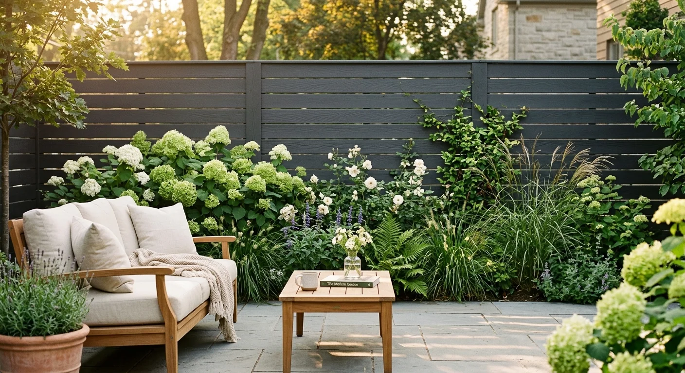 A beautiful backyard with a modern charcoal gray fence, lush green plants, and warm teak wood patio furniture in the golden hour light.