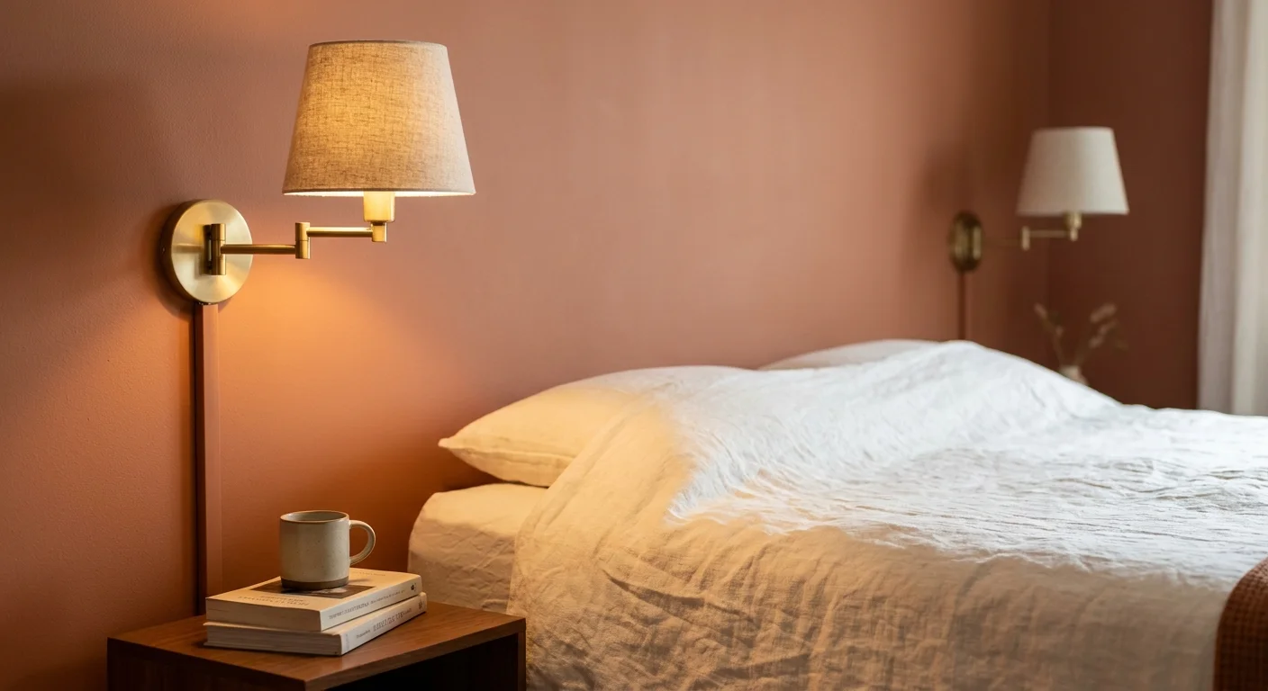 A brass wall sconce with a linen shade mounted on a terracotta wall above a bed, with a color-matched cord cover running to the floor.