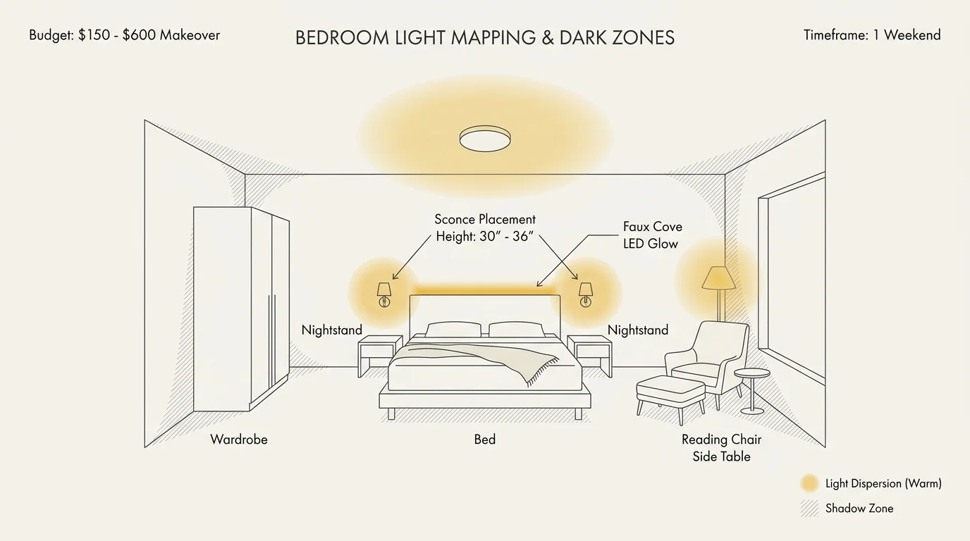 A clean 2D architectural diagram of a bedroom floor plan, mapping shadow zones, light placement, budget, and weekend timeline.