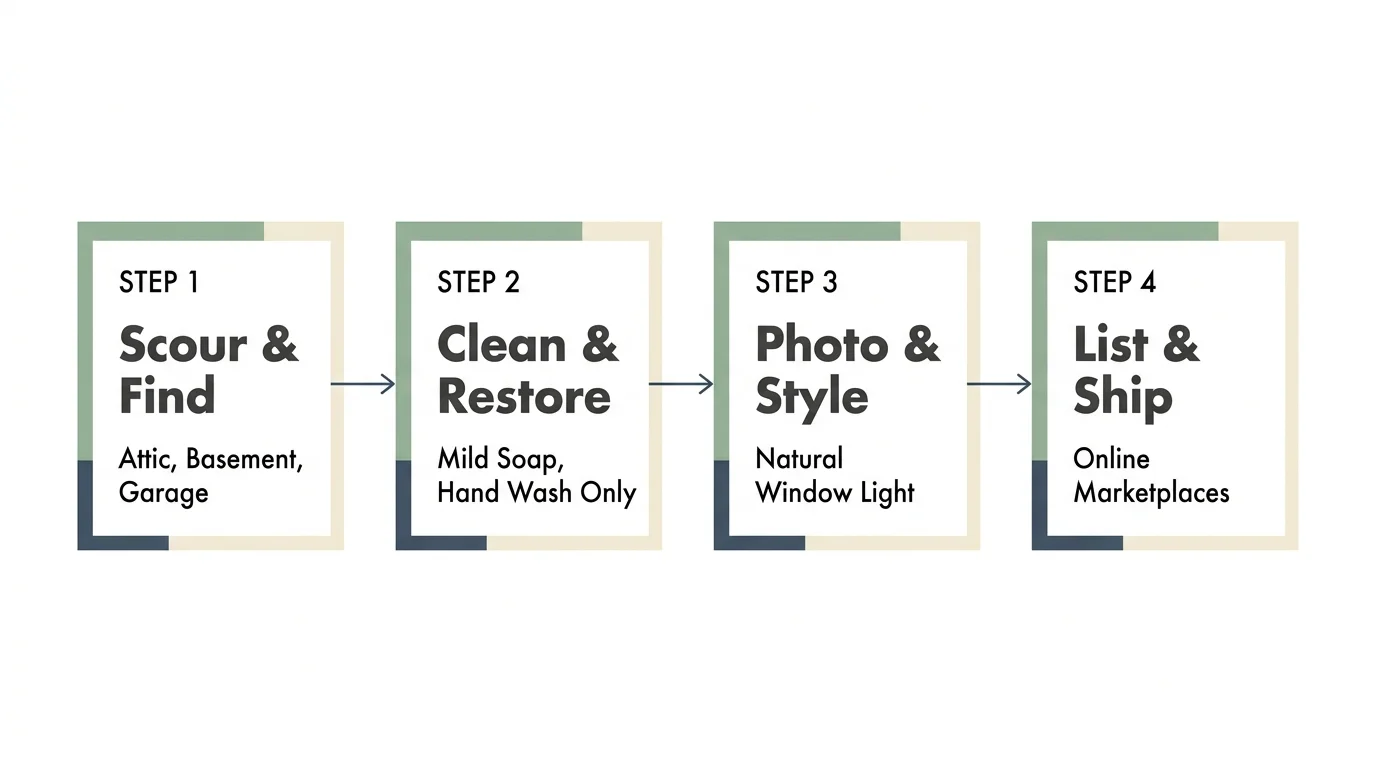 A clean 4-step horizontal flowchart detailing the flipping process from sourcing to listing.