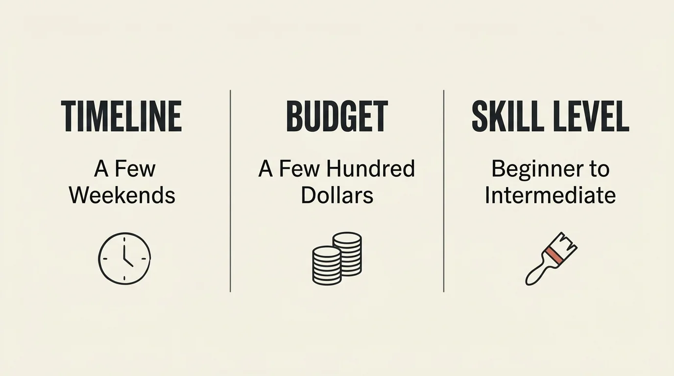 A clean, minimalist infographic diagram showing the timeline, budget, and skill level for a room refresh.