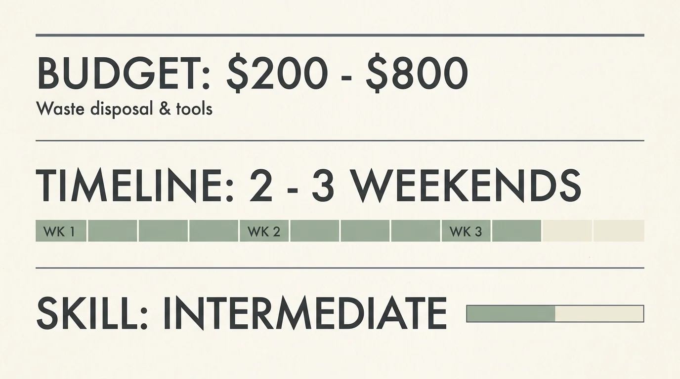 A clean, minimalist infographic showing a backyard project budget of $200 to $800, a timeline of 2 to 3 weekends, and intermediate skill lev