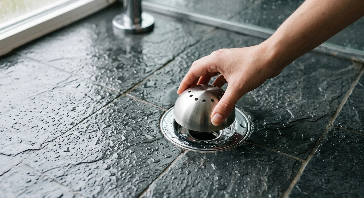 A close-up of a hand placing a sleek stainless steel hair catcher over a modern slate shower drain.