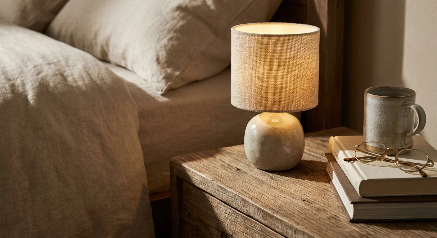A close-up of a lit ceramic table lamp with a linen shade on a rustic nightstand next to a stack of books and a ceramic mug.