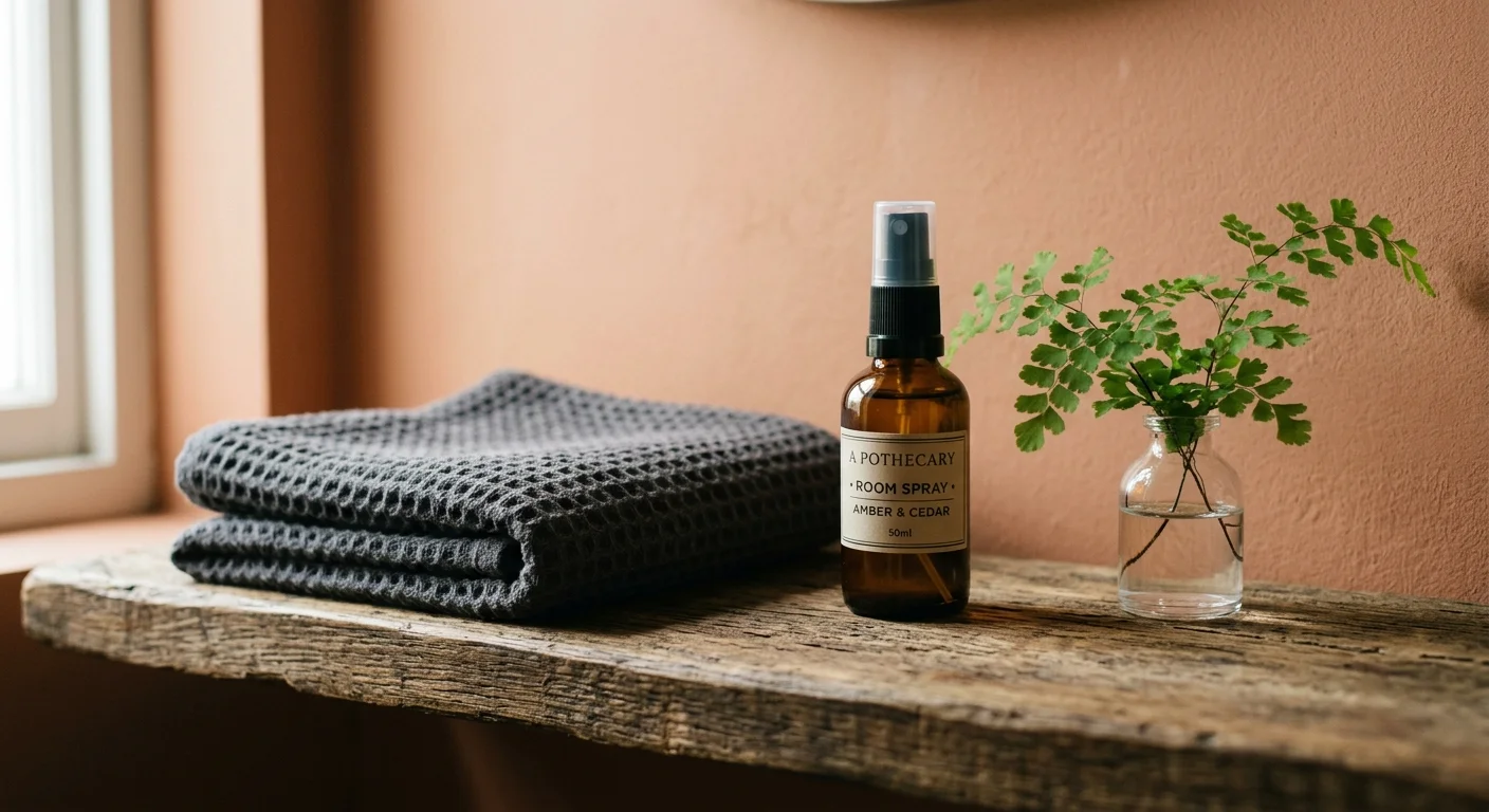 A close-up of a waffle-weave towel, amber bottle, and a small plant on a wooden shelf against a terracotta wall.