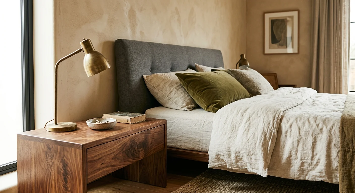 A close-up of a walnut nightstand with a brass lamp next to a bed with a charcoal upholstered headboard and green pillow.