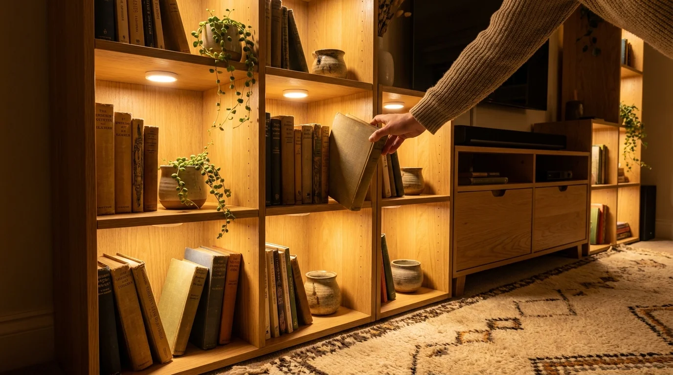 A close-up of a wooden bookshelf illuminated from within by warm puck lights, with a hand reaching to pull out a vintage book.