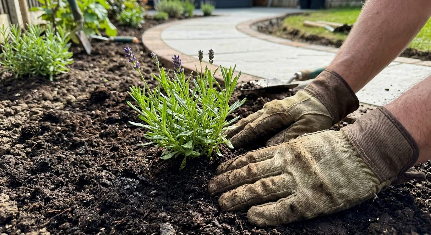 A close-up of gloved hands planting a fresh lavender shrub in rich soil next to a new stone path.