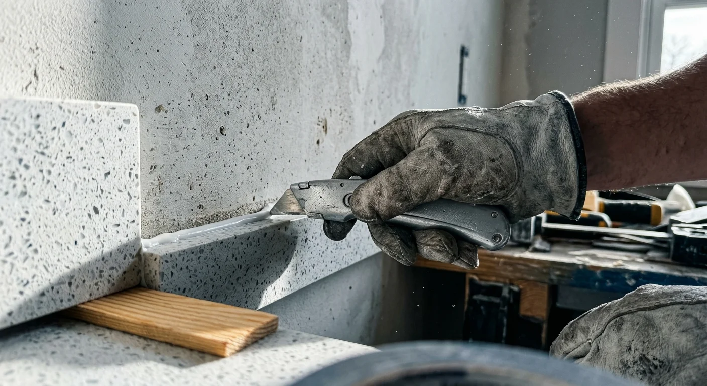 A close-up of gloved hands slicing through a caulk line with a utility knife during vanity demolition.