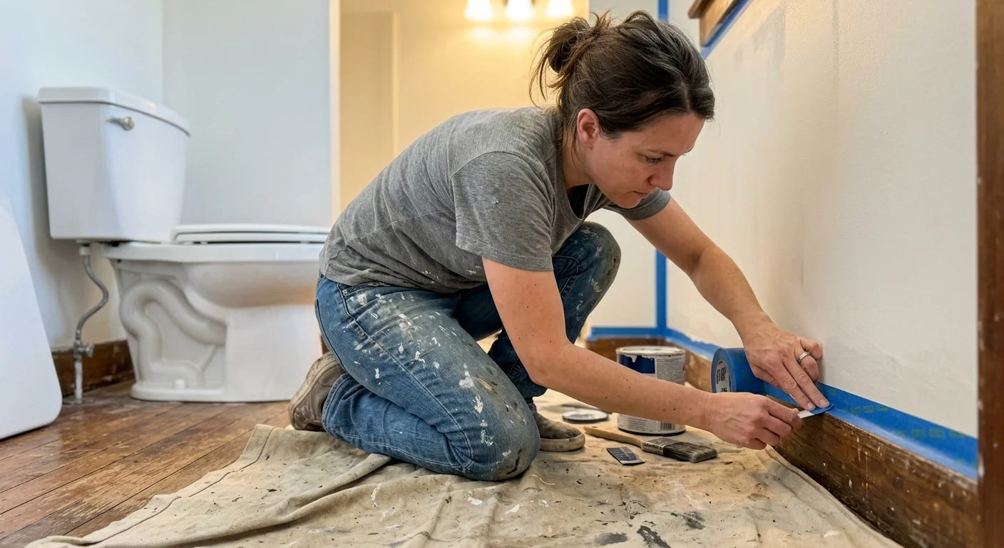 A close-up of hands applying blue painter's tape to a bathroom baseboard before painting.