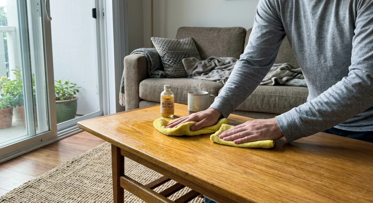 A close-up of hands polishing a vintage wooden teak coffee table with a microfiber cloth in a cozy, sunlit living room.