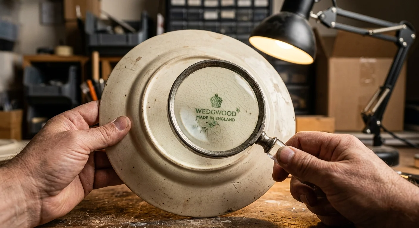 A close-up photo of hands using a magnifying glass to inspect the bottom of a vintage ceramic plate for maker marks.