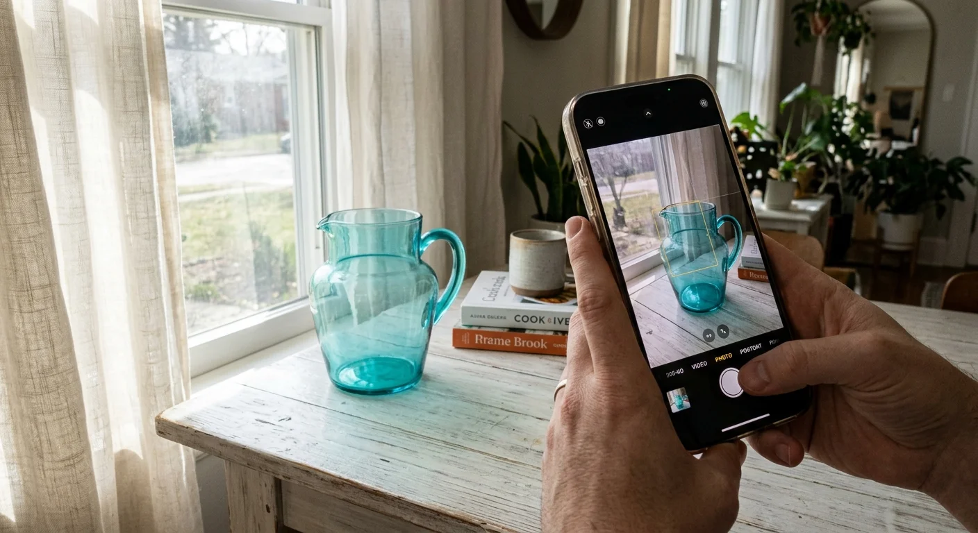 A close-up photo showing hands using a smartphone to photograph a vintage turquoise glass pitcher styled on a sunlit wooden table.