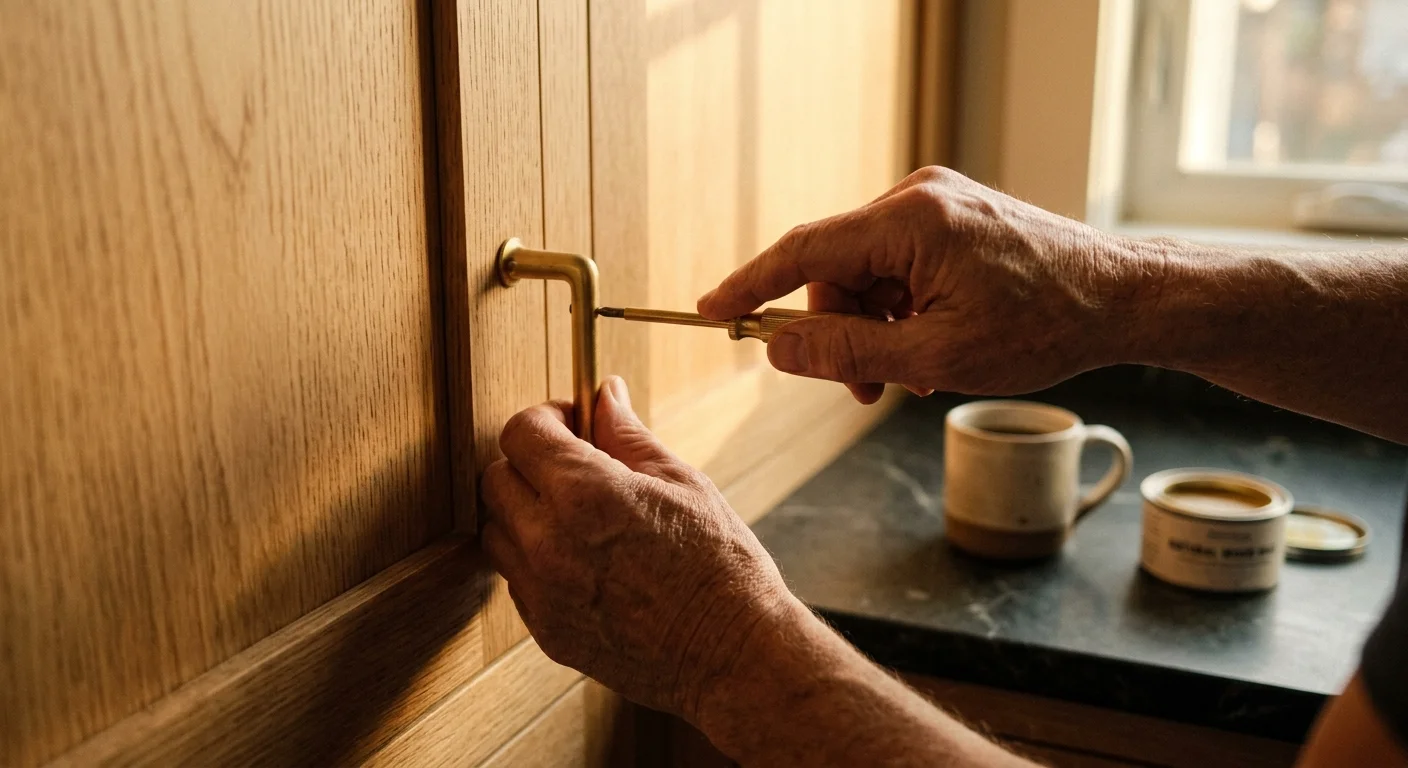 A close-up photograph of hands installing a solid brass pull onto a warm white oak cabinet door with natural afternoon light.