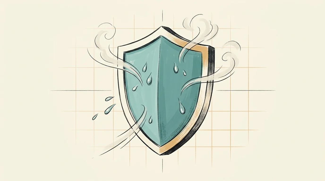 A conceptual illustration of a protective teal shield deflecting water droplets against a tiled background.