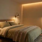 A cozy bedroom illuminated by layered warm lighting from wall sconces, a corner floor lamp, and LED headboard lighting, with no overhead lig