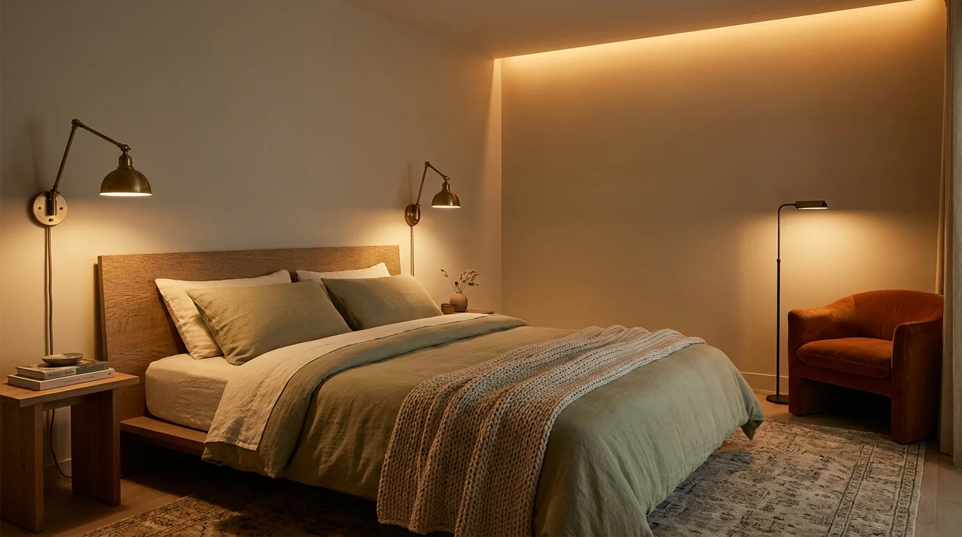 A cozy bedroom illuminated by layered warm lighting from wall sconces, a corner floor lamp, and LED headboard lighting, with no overhead lig