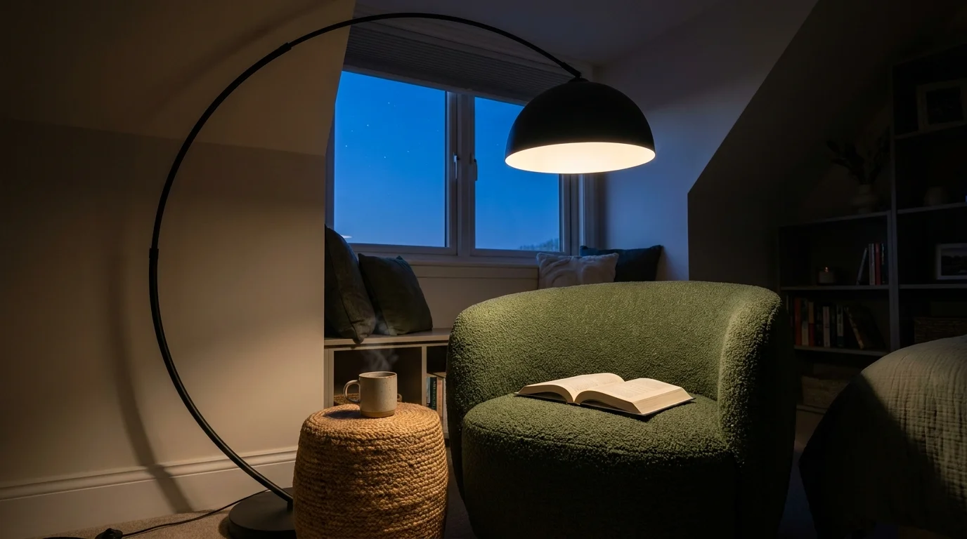 A dramatic matte-black arc floor lamp curves over a cozy deep-green armchair in a bedroom corner, casting a warm light over an open book.