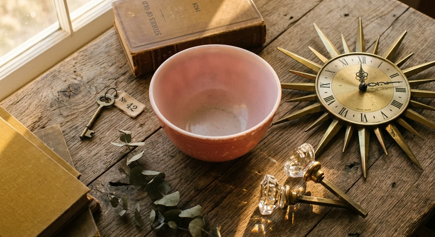 A flat-lay photo of vintage collectibles, including a pink Pyrex bowl, a brass sunburst clock, and crystal doorknobs on a wooden table.