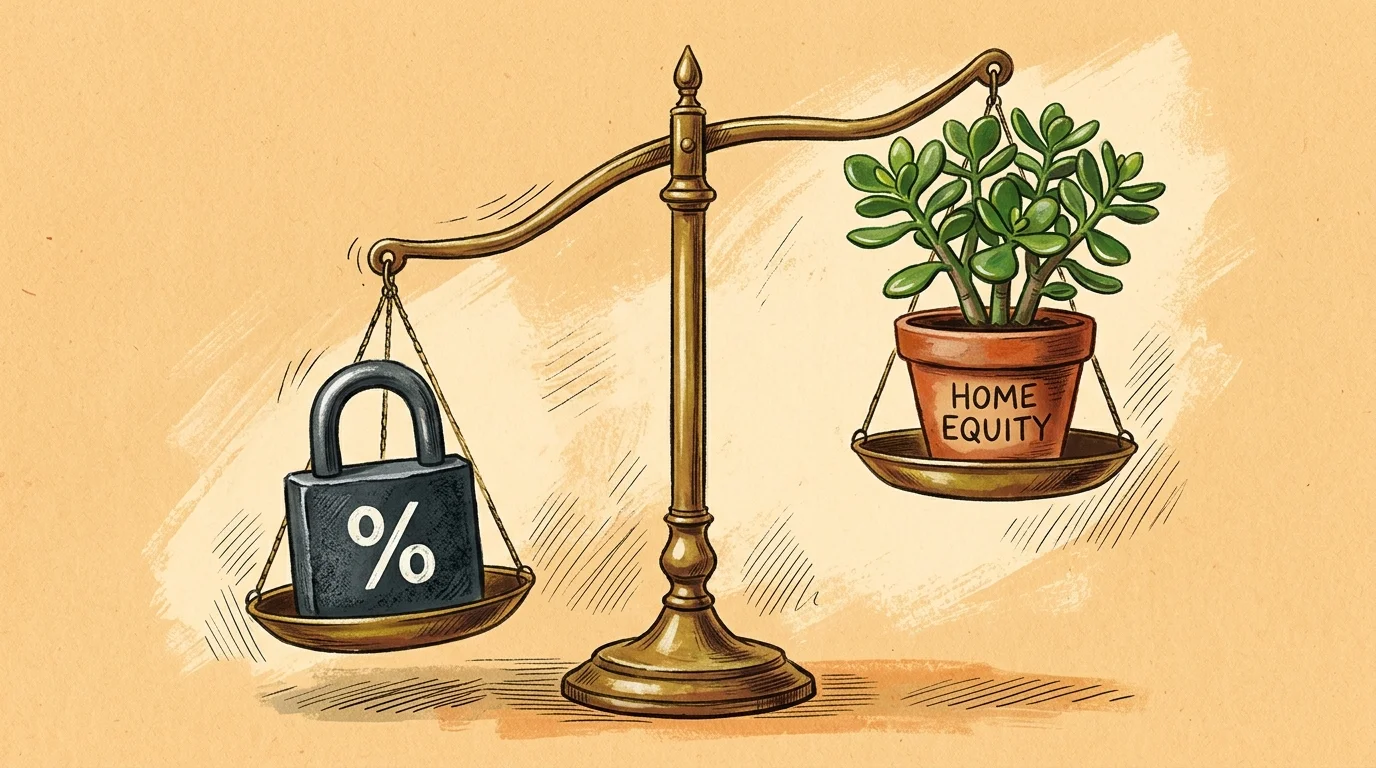 A gouache illustration of a balance scale with a heavy padlock representing high interest rates on one side and a healthy plant on the other