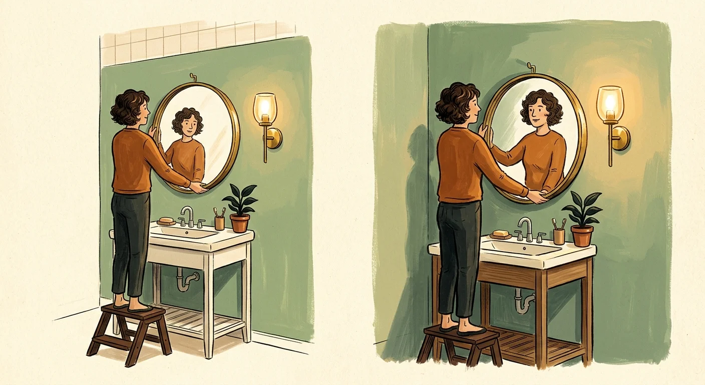 A gouache illustration of a person hanging a round brass mirror on a sage green wall near a glowing light fixture.