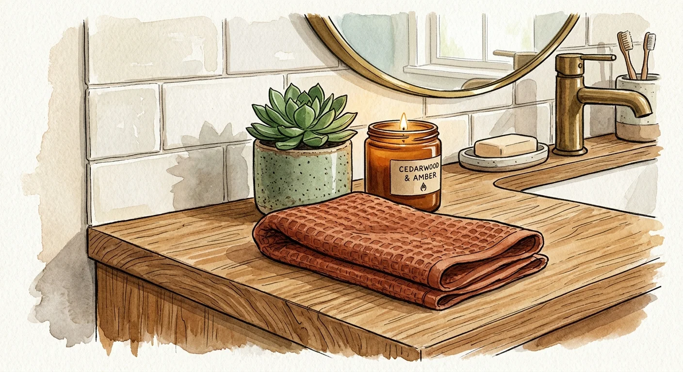 A gouache illustration of a terracotta hand towel, a small potted succulent, and a lit amber candle on a wood countertop.