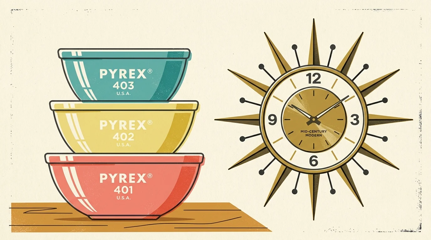 A graphic mid-century screenprint illustration of stacked colorful Pyrex bowls next to a retro sunburst clock.