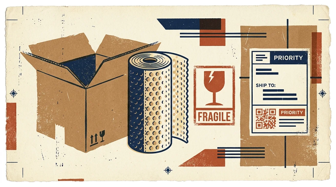 A graphic screenprint illustration of shipping materials including a cardboard box, bubble wrap, and a shipping label.
