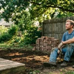 A homeowner in denim overalls takes a break on a wooden deck overlooking a partially cleared backyard with freshly tilled soil.