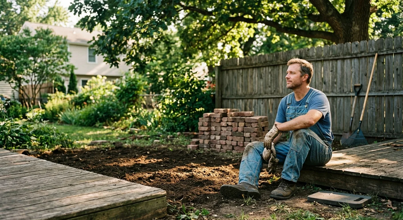 A homeowner in denim overalls takes a break on a wooden deck overlooking a partially cleared backyard with freshly tilled soil.