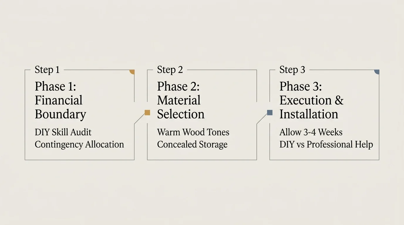 A horizontal 3-step diagram outlining the phases of a kitchen remodel: Financial Boundary, Material Selection, and Execution.