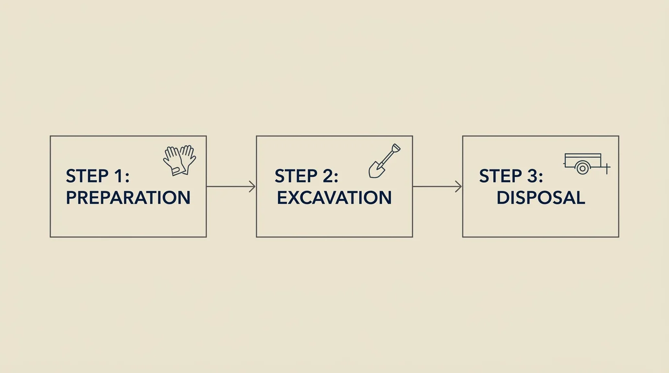 A horizontal, three-step process diagram illustrating a backyard clearing framework: Preparation, Excavation, and Disposal.