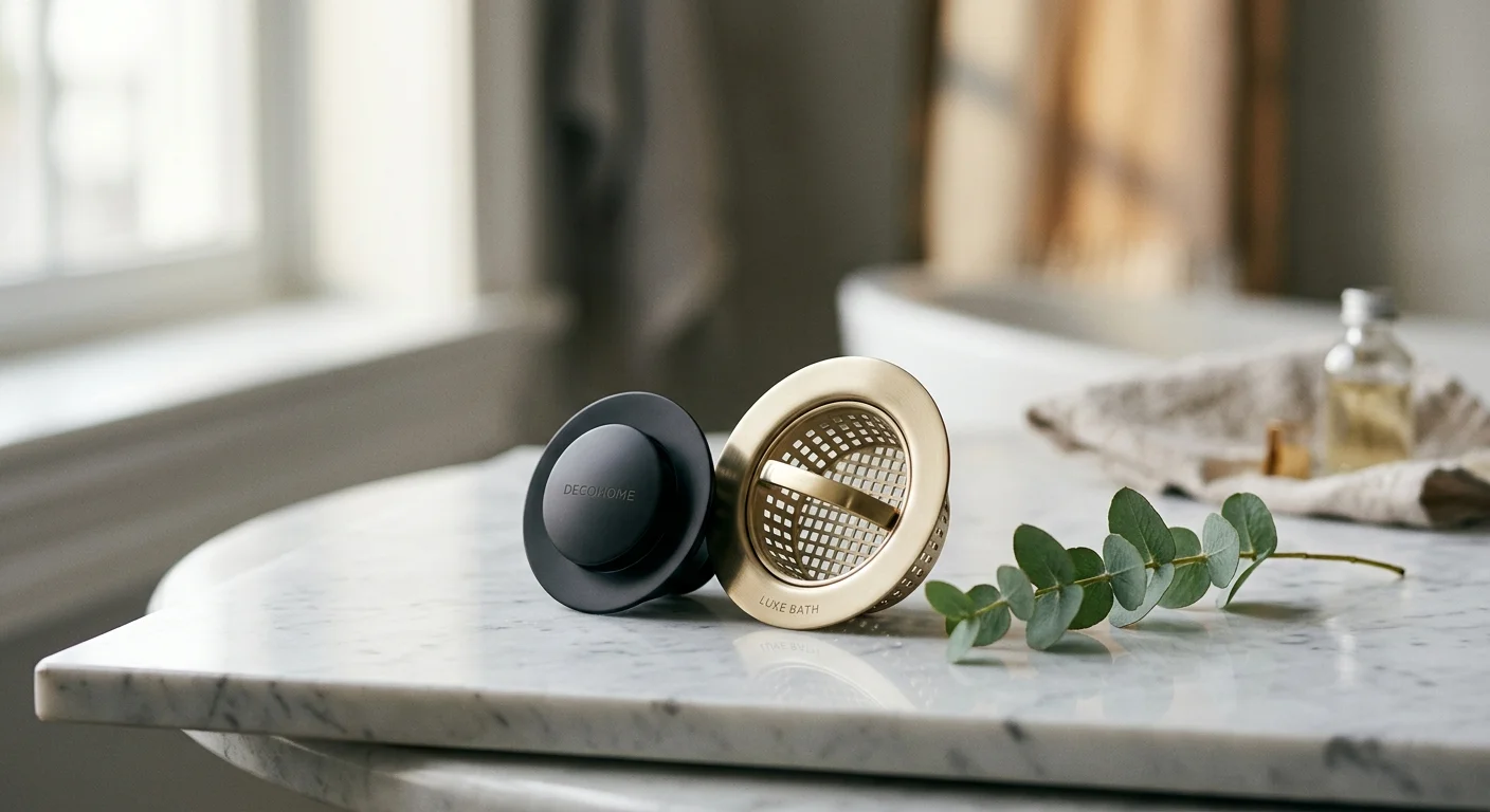 A matte black drain stopper and a brushed gold sink strainer arranged on a white marble slab.