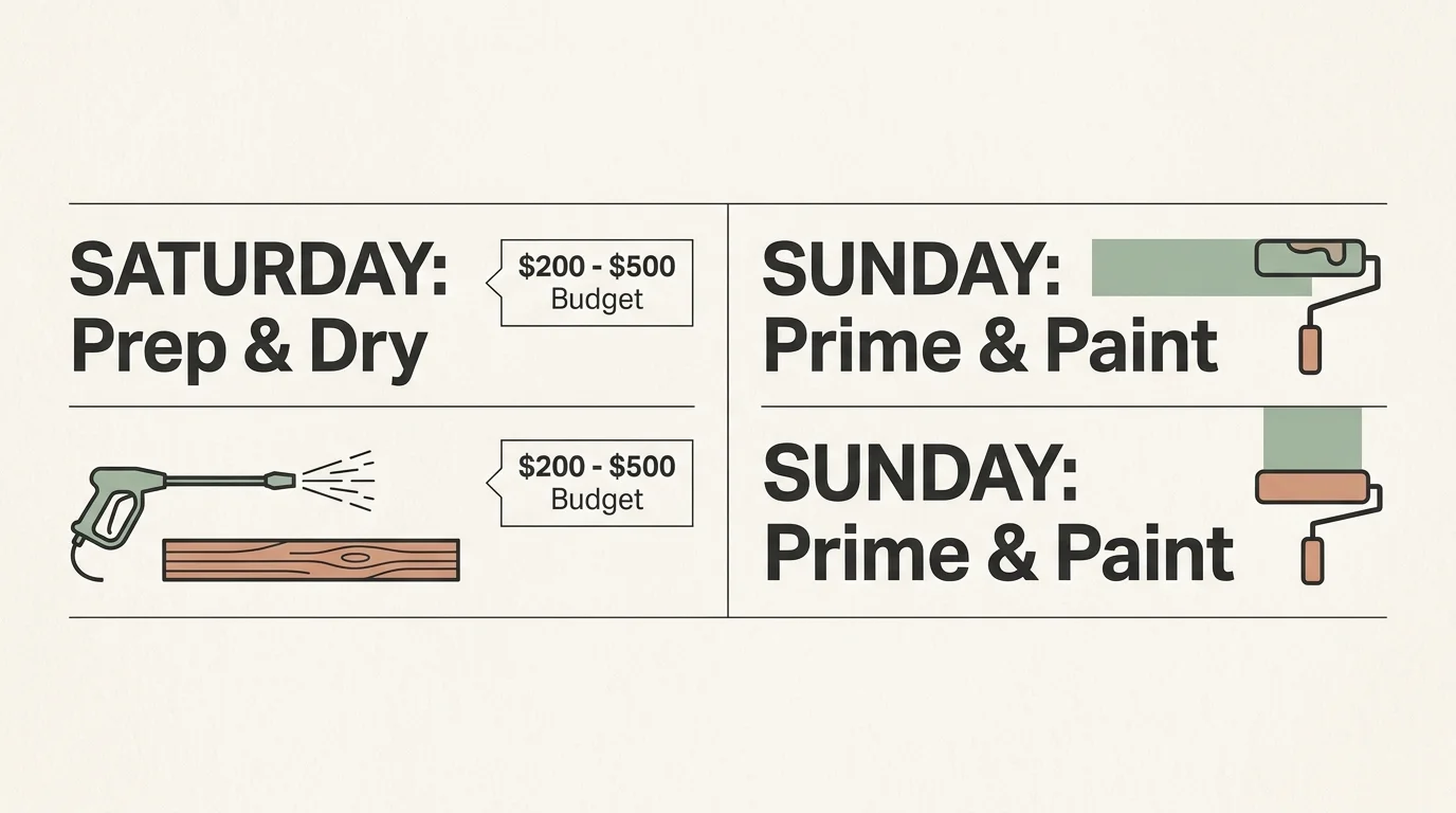 A minimalist horizontal timeline diagram showing Saturday for preparation and Sunday for priming and painting with a 200 to 500 dollar budge