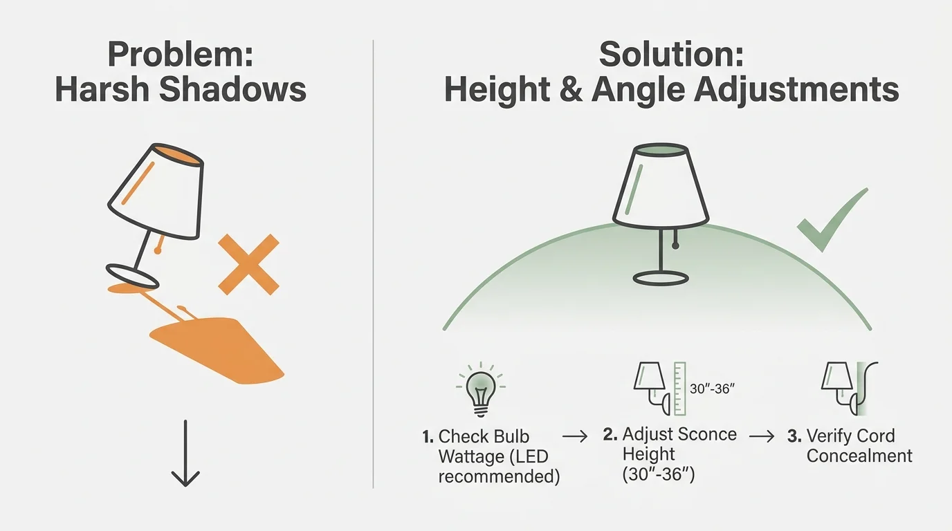A minimalist troubleshooting infographic diagram illustrating how to fix harsh shadows by adjusting lamp heights and bulb wattages.