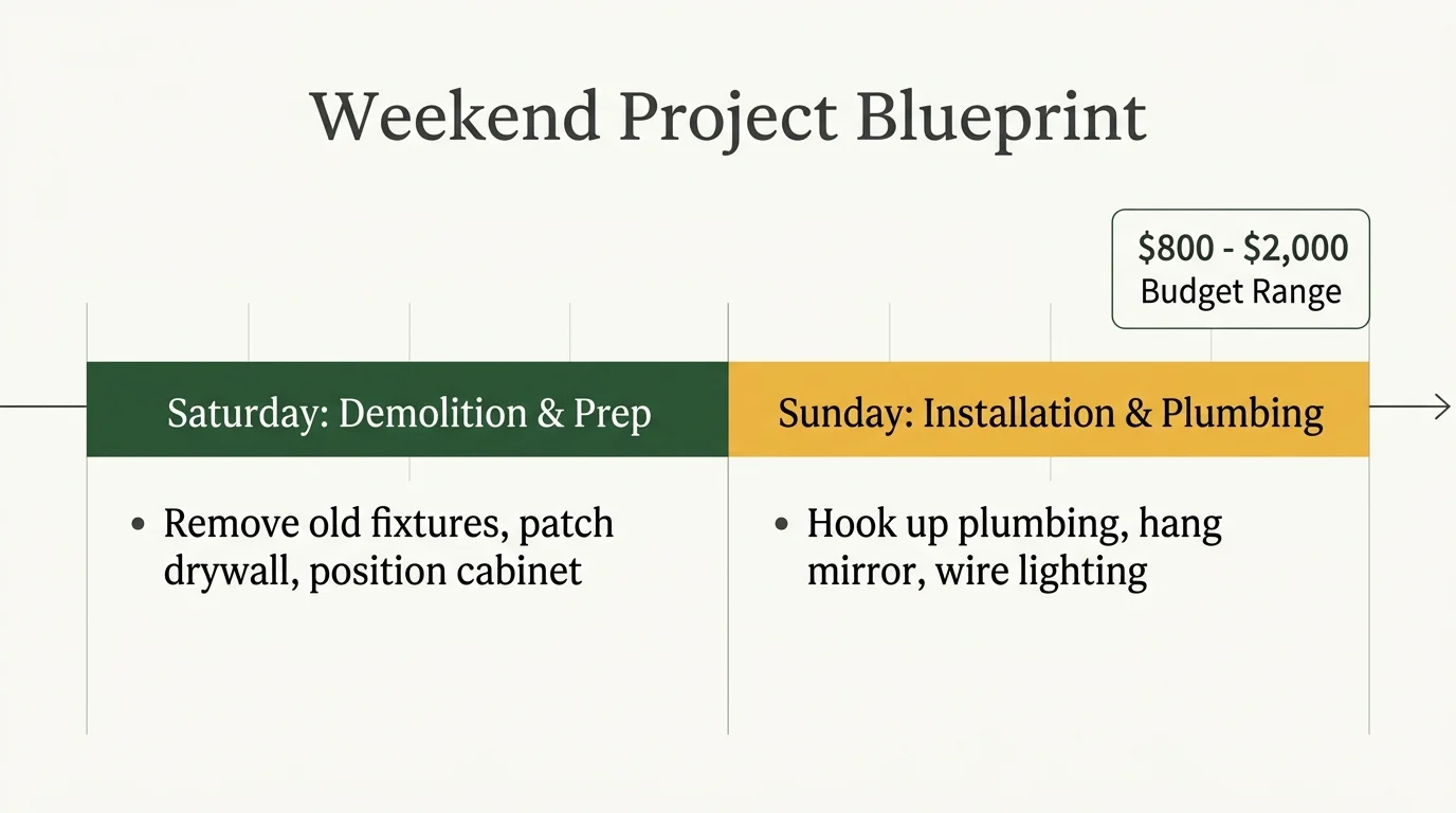 A minimalist weekend project timeline diagram dividing tasks between Saturday and Sunday with a budget callout.