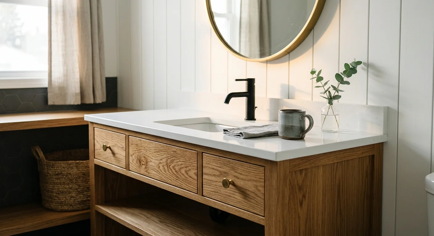 A modern white oak bathroom vanity with a black faucet, quartz countertop, and a brass mirror illuminated by morning light.