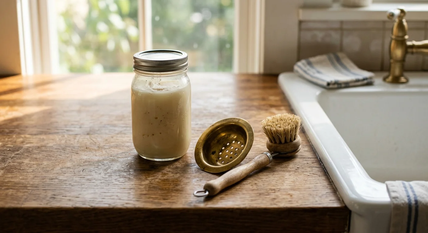 A rustic kitchen counter featuring a glass jar of solidified grease, a brass drain strainer, and a wooden scrub brush.