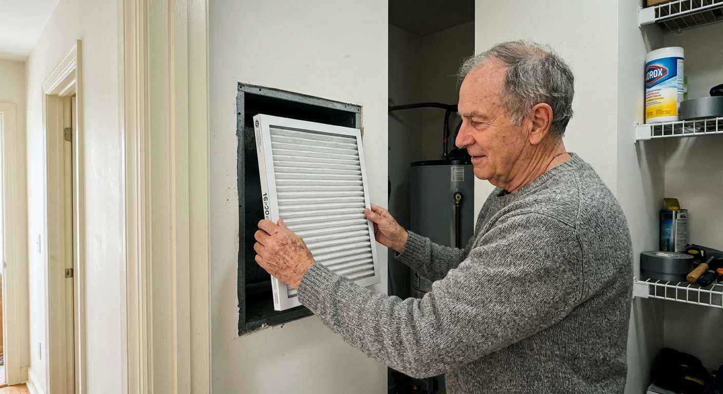 A senior homeowner's hands sliding a clean white pleated air filter into an HVAC intake slot in a home utility closet.