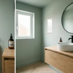 A small bathroom painted in matching sage green walls and ceiling, featuring a light wood vanity and round mirror.